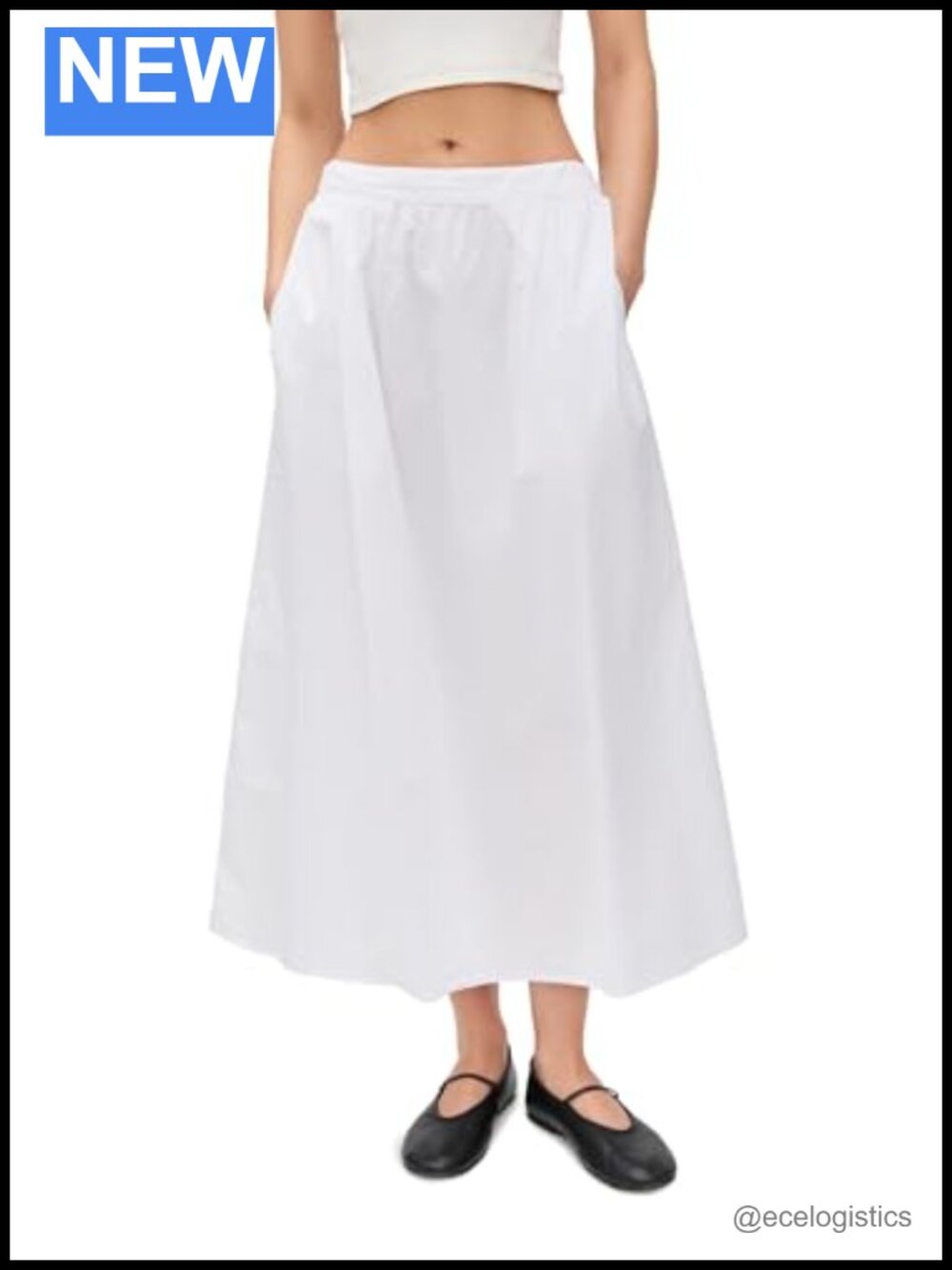 Cotton Poplin Bella Midi Skirt Pull On Elastic Waist